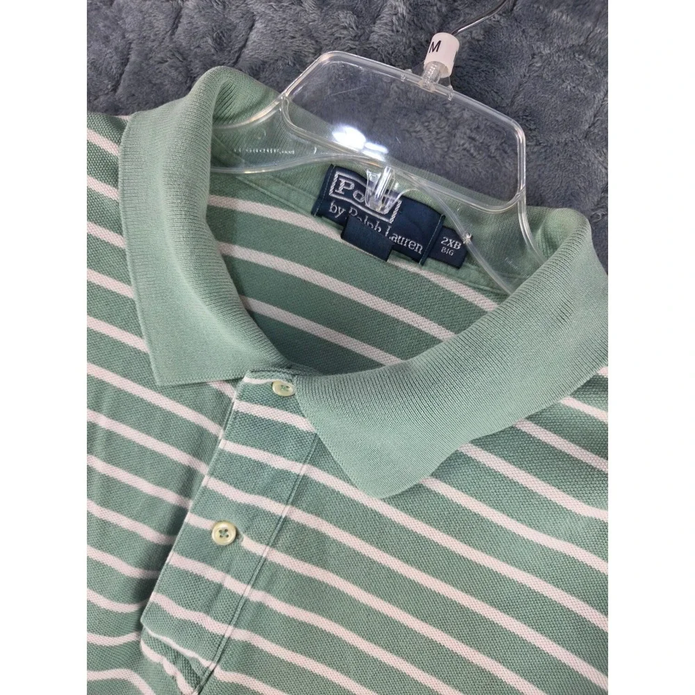 Polo Ralph Lauren Mens 2XB Big Green White Striped Short Sleeve Pique Polo Shirt